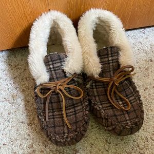 Minnetonka Women’s Chrissy Slippers Brown Plaid Size 5/5.5 Wool Blend